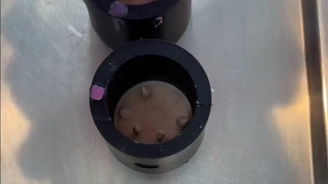 Printed dies standing in a duplication ring before the silicone pour