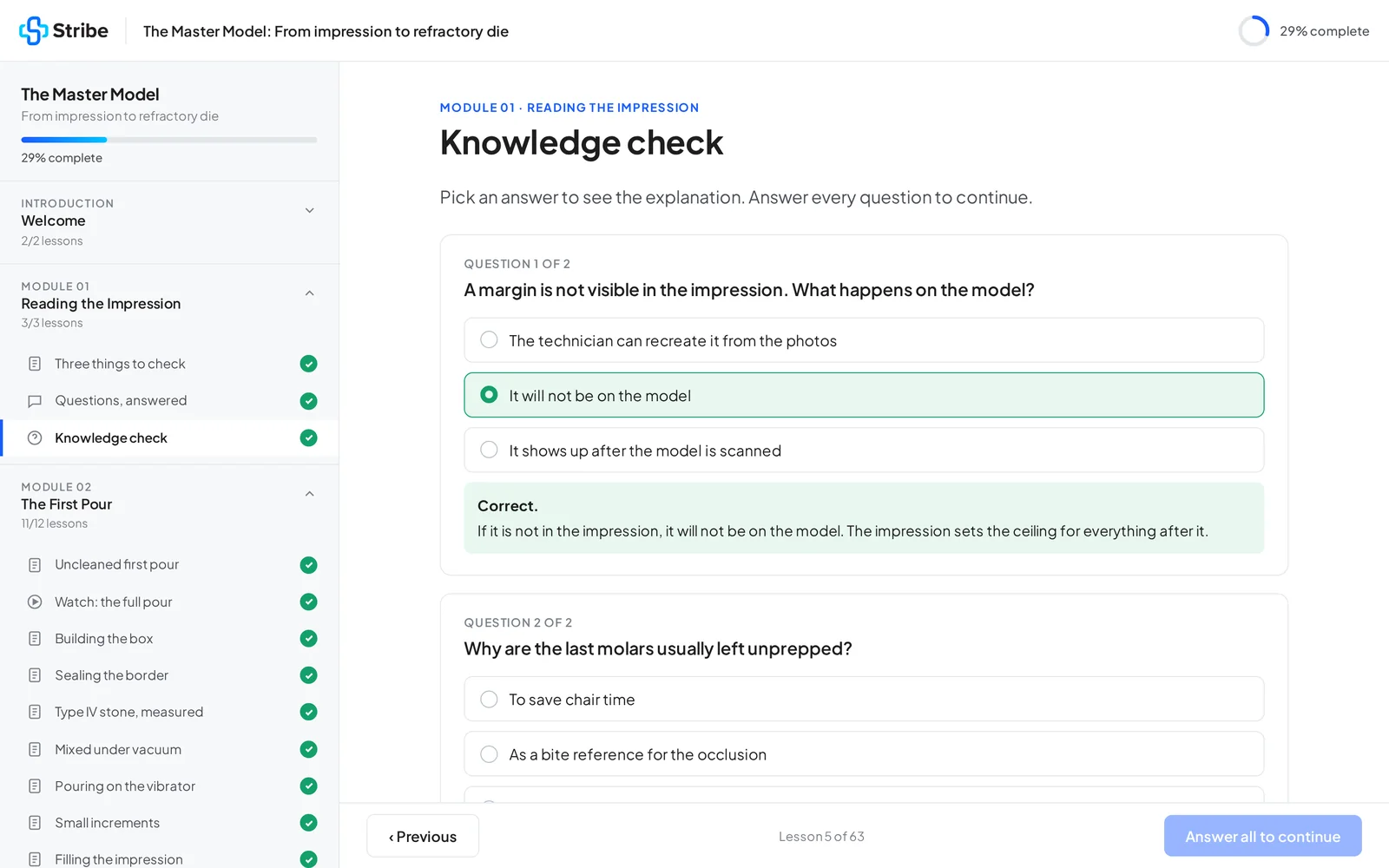 A knowledge check in The Master Model course platform, with the correct answer explained